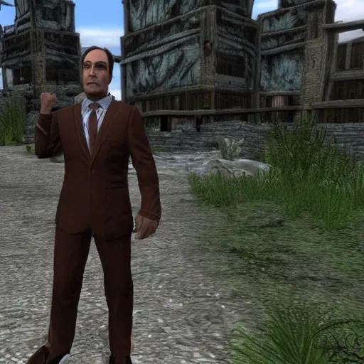 Prompt: saul goodman visits cyrodiil, oblivion, highly detailed, realistic, elder scrolls, adventuring gear, business suit