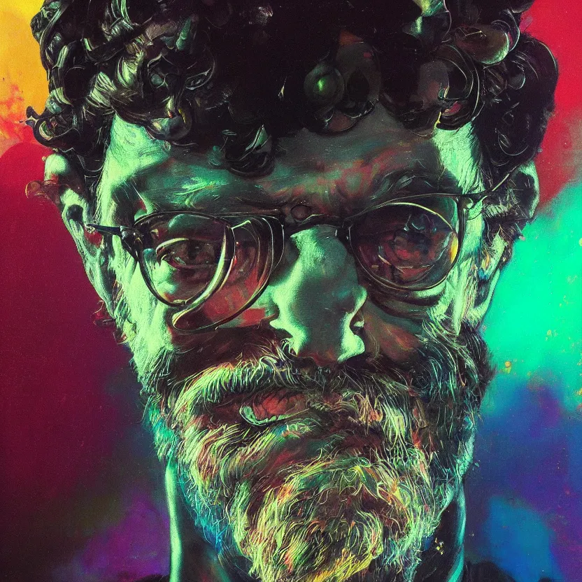 Image similar to a dark close - up colorful portrait of retrofuturistic terence mckenna. reflective detailed textures. gloomy black background. highly detailed fantasy science fiction painting by moebius, norman rockwell, frank frazetta, and syd mead. rich colors, high contrast. artstation