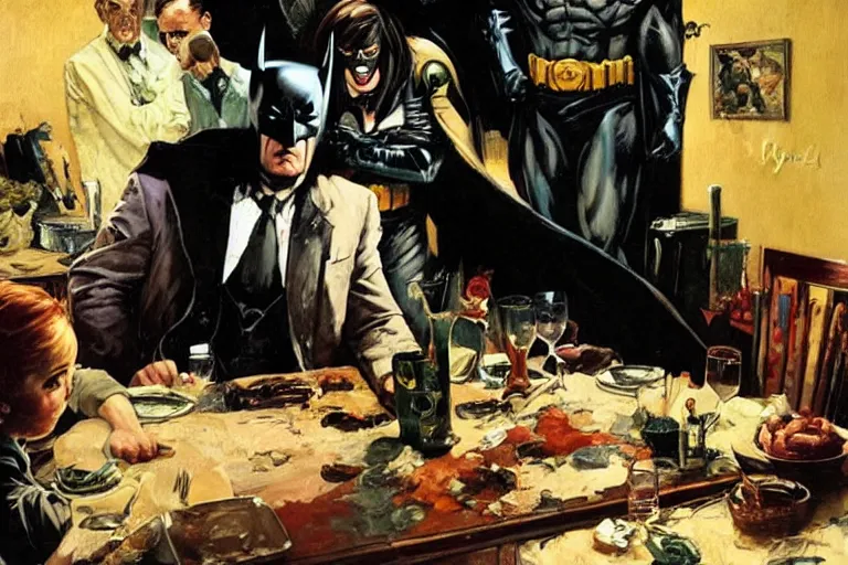 Prompt: batman eats messily in a dining room much to the displeasure of his wife, painted by phil hale and rick berry and dean cornwell and norman rockwell and jeremy mann