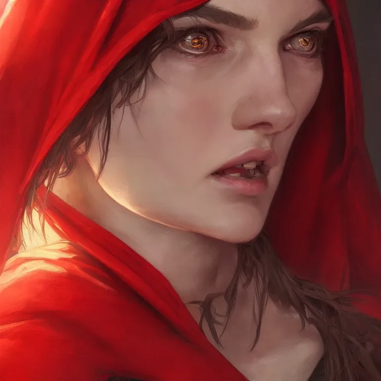 Image similar to a beautiful portrait of red riding hood, headshot, highly detailed, digital painting, artstation, concept art, sharp focus, cinematic lighting, illustration, art by artgerm and greg rutkowski, alphonse mucha, cgsociety