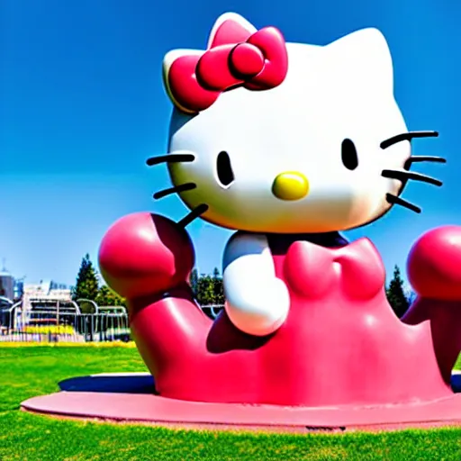 Prompt: sculpture of hello kitty and sanrio characters playing outside at a playground on a sunny day