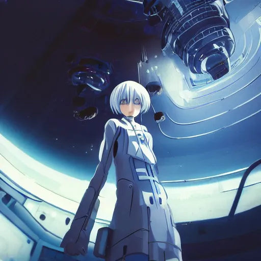 Prompt: Rei Ayanami, female anime character, technological rings, inside a space station, shot from the ground by Yoshiyuki Sadamoto, environment concept, digital art, trending on artstation, low level, 4K UHD image, octane render, Howl's Moving Castle, tranquil divine observer Nymph by ismail inceoglu nicola samori dragan bibin hans thoma greg rutkowski Alexandros Pyromallis Nekro Rene Margitte illustrated, official anime key media