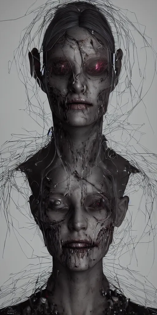 Image similar to Portrait of an impossibly beautiful undead cyberpunk, gorgeous, single face, full body, intricate complexity, horror, trending on art station, photoreal, 8k, octane render