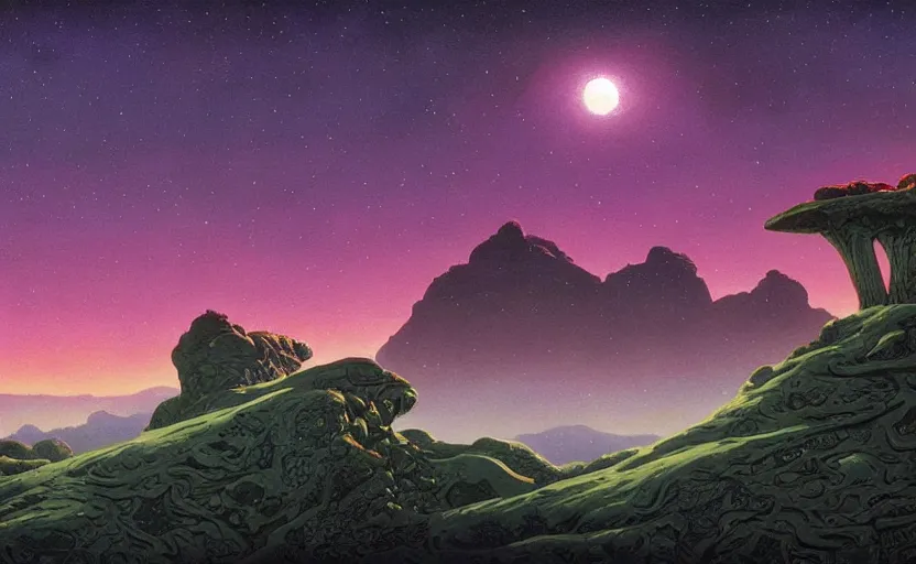 Prompt: mountains, stars and paisley filled sky, artstation, intricate, highly detailed, digital painting, concept art, sharp focus, illustration by Michael Whelan and Roger Dean