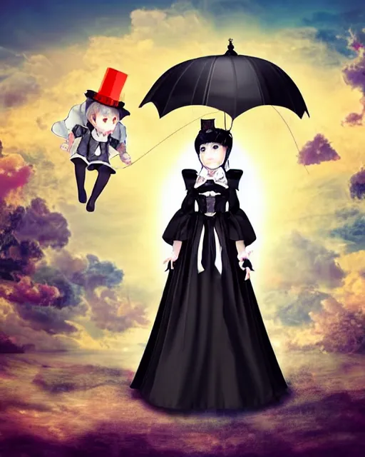 Image similar to a gothic lolita gown woman with a parasol and gothic lolita man with a suit and tie sitting on a cloud surrounded with cibi angles and by the gates of heaven 3 d digital art