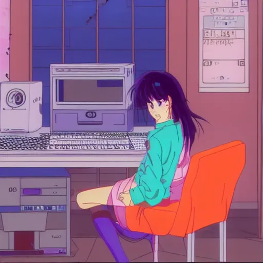 Image similar to girl sitting at her computer, sprite, vaporwave nostalgia, directed by beat takeshi, visual novel cg, 8 0 s anime vibe, kimagure orange road, maison ikkoku, sketch by osamu tezuka, directed by makoto shinkai and beat takeshi