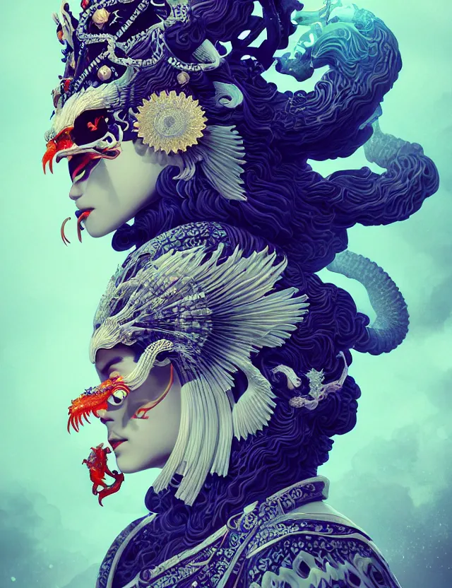 Image similar to 3 d goddess close - up profile portrait with crown, ram skull. beautiful intricately detailed japanese crow kitsune mask and clasical japanese kimono. betta fish, jellyfish phoenix, bio - luminescent, plasma, ice, water, wind, creature, artwork by tooth wu and wlop and beeple and greg rutkowski