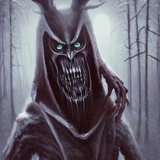 Image similar to cloaked humanoid wendigo feasting, nighttime located in a snowy dark forest, lurking horror, dungeons and dragons, magic the gathering, forboding, high detail, oil painting, style of seb mckinnon