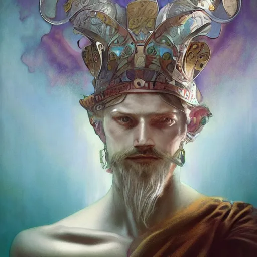 Image similar to Epic viking king, divine, symmetrical, , portrait, digital painting, Peter Mohrbacher, Alphonse Mucha, Brian Froud, Yoshitaka Amano, Kim Keever, Victo Ngai, James Jean