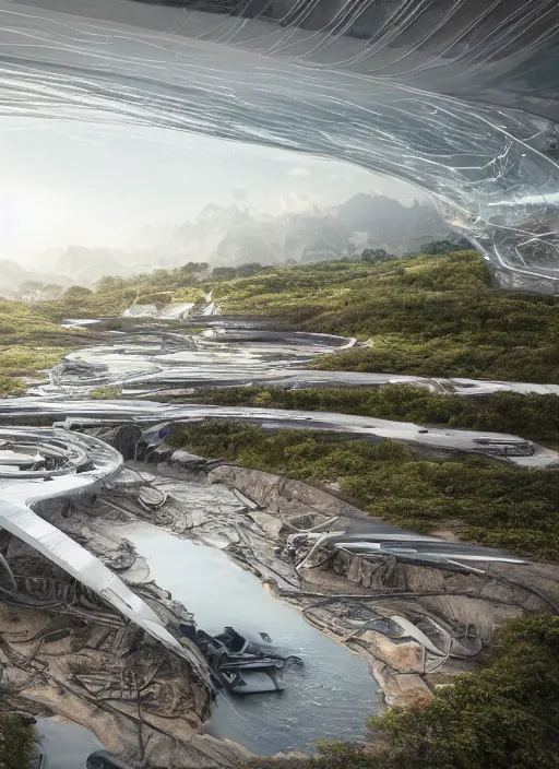 Image similar to techno chuquicamata bioremediation white mining tailing futuristic horizontal architecture, epic, cinematic, hyperealistic, high detailed, corona render, hdr, ray tracing