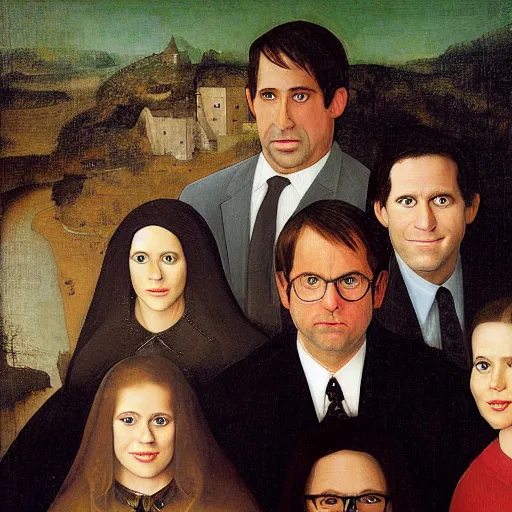 Image similar to the cast of the office, steve carell, jenna fischer, john krasinski, rainn wilson, portrait painting by hieronymus bosch