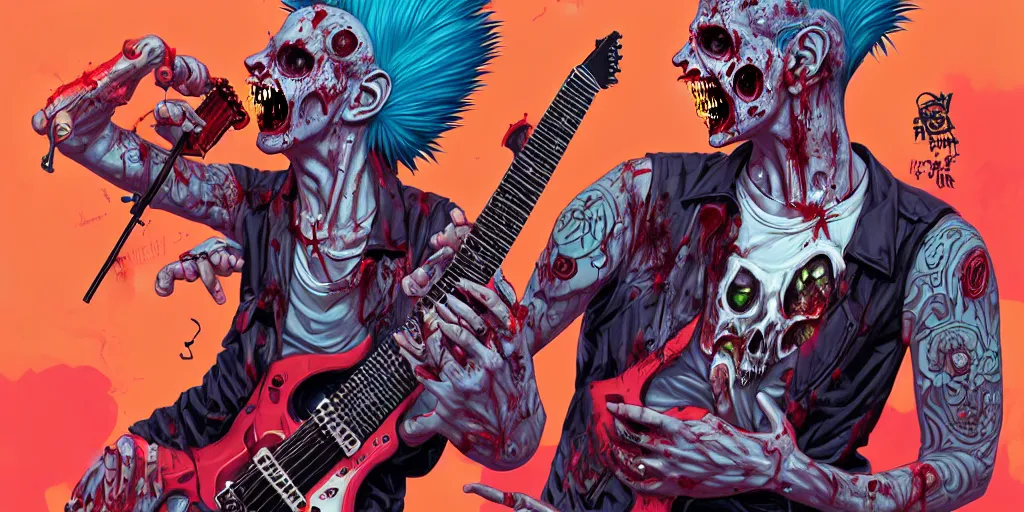 Prompt: a zombie punk rockers with a mohawk playing electric guitar and singing, tristan eaton, victo ngai, artgerm, rhads, ross draws, cinematic by francis tneh