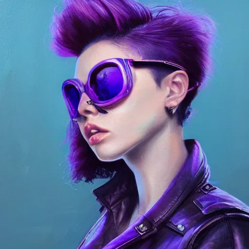 Image similar to very detailed masterpiece closeup painting of a very beautiful young mexican cyberpunk woman with light blue shutter shades, one side haircut, dark purple hair, purple leather jacket, portrait, synthwave background, artstation, concept art by greg rutkowski