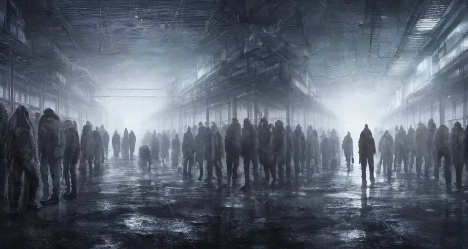 Image similar to illustration of rows of humans in cryostasis in a cold warehouse, refrigerated storage facility, rolling fog, greg rutkowski, cyberpunk, dramatic lighting, unreal engine 5, colorful