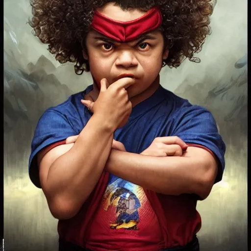 Image similar to gaten matarazzo as e. honda from street fighter, ultra realistic, concept art, intricate details, eerie, highly detailed, photorealistic, octane render, 8 k, unreal engine. art by artgerm and greg rutkowski and magali villeneuve and alphonse mucha