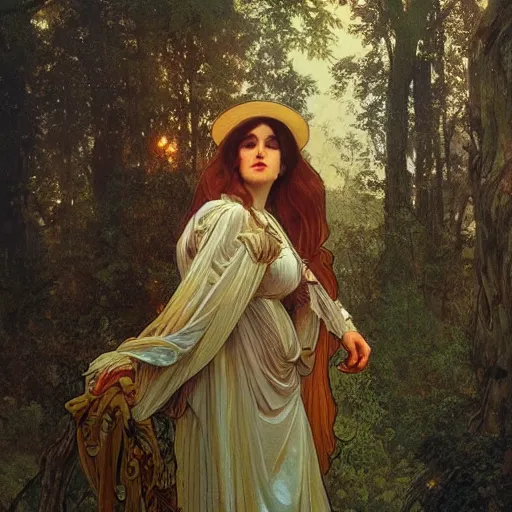 Prompt: portrait of a strange, gorgeous and mystical woman in the woods, trees in the background, evening lighting, 4k, detailed, in the style of Alphonse Mucha