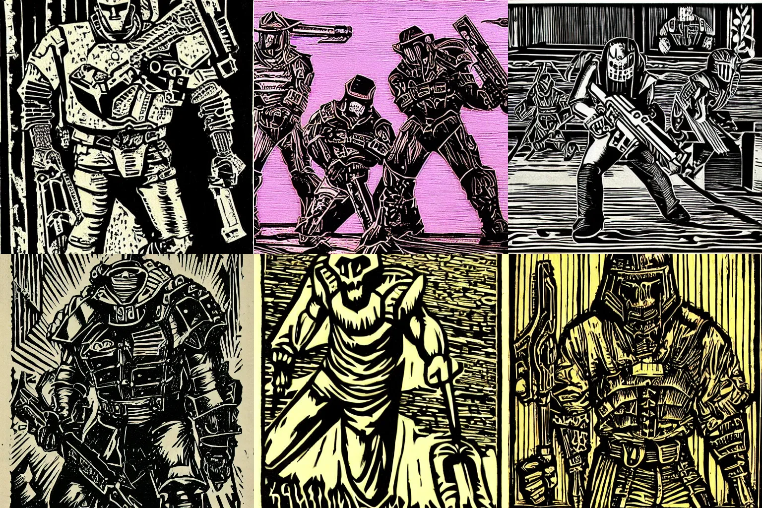 Prompt: woodcut art unreal tournament 1999