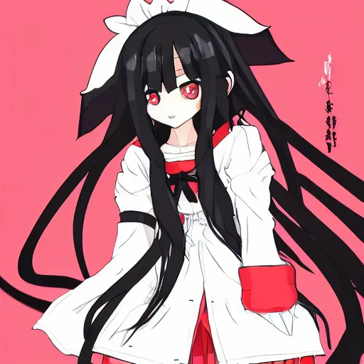 Prompt: a “red-eyed black-haired anime fox girl” “wearing black fingerless-gloves, high-waist-black-skirt, white-collared-shirt blue-open-jacket, black-necktie”, “unsheathing her katana”, white background, visual-key, anime illustration, pixiv, anime-twitter