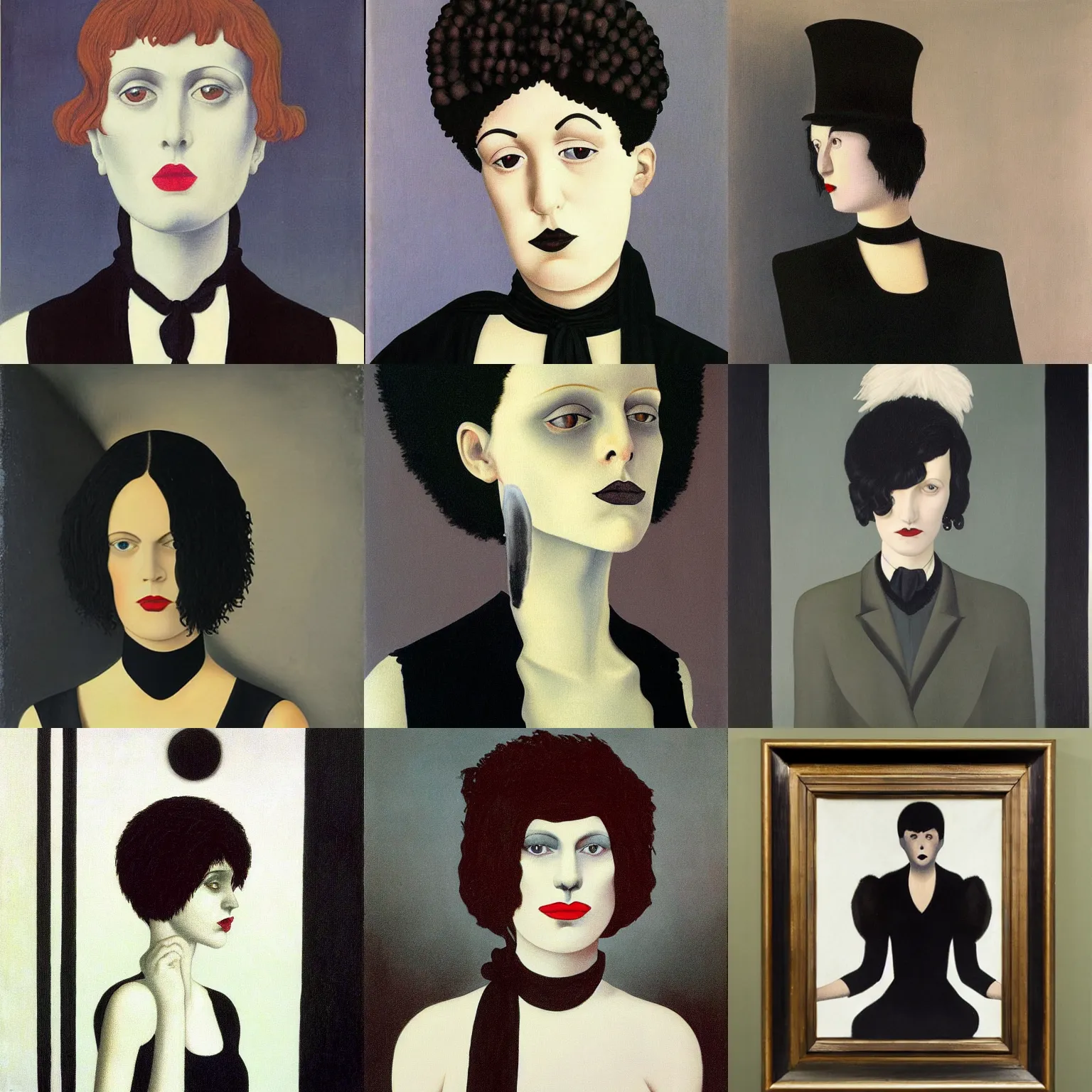 Prompt: A goth portrait painted by Rene Magritte. Her hair is dark brown and cut into a short, messy pixie cut. She has a slightly rounded face, with a pointed chin, large entirely-black eyes, and a small nose. She is wearing a black tank top, a black leather jacket, a black knee-length skirt, a black choker, and black leather boots.