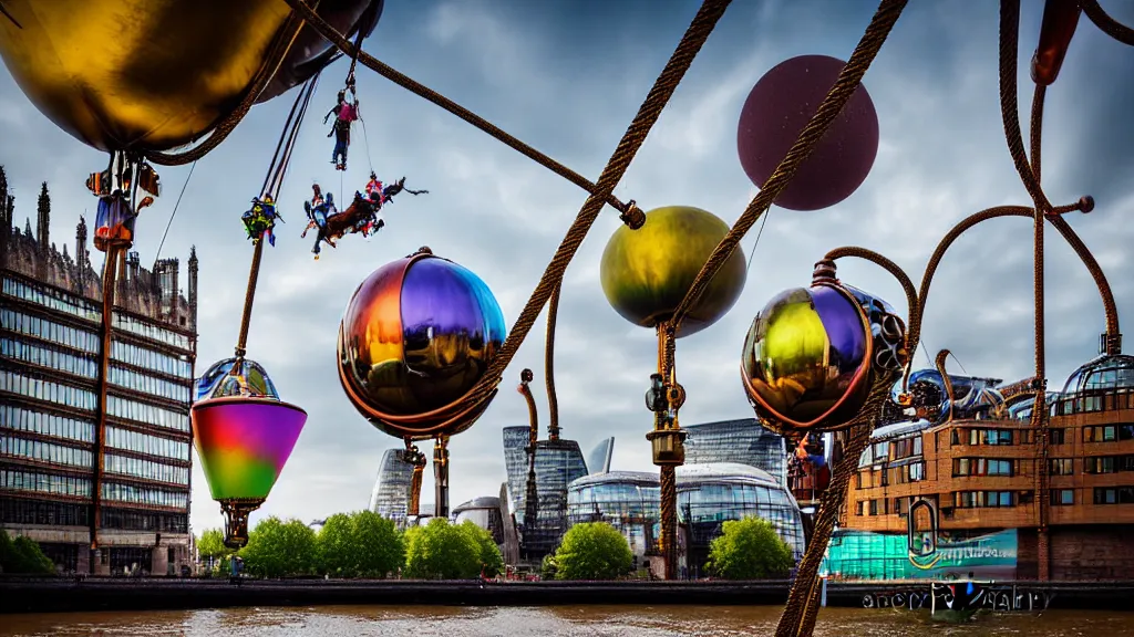 Image similar to large colorful futuristic space age metallic steampunk steam - powered balloons with pipework and electrical wiring around the outside, and people on rope swings underneath, flying high over the beautiful medieval london city landscape, professional photography, 8 0 mm telephoto lens, realistic, detailed, photorealistic, photojournalism