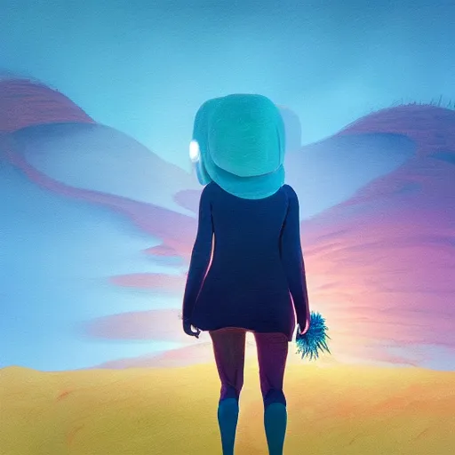 Image similar to closeup giant dahlia flower under head, a girl walking between dunes, surreal photography, sunrise, blue sky, dramatic light, impressionist painting, digital painting, artstation, simon stalenhag