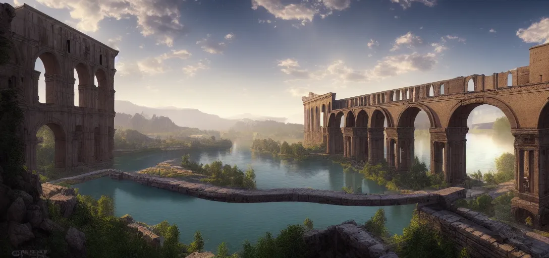 Prompt: epic view of giant roman aqueduct over beautiful lake, unreal engine, dramatic lighting, detailed, ambient occlusion, global illumination, god rays, 3 d artstation render by greg rutowski and jessica rossier