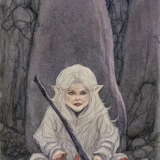 Image similar to female gnome progenitor, illustration by Alan Lee