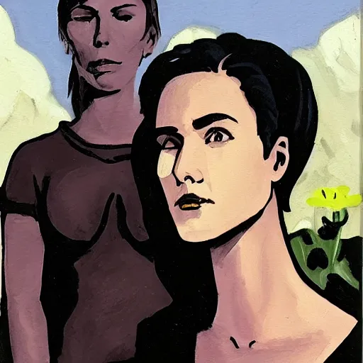 Image similar to short-haired heroic stoic handsome blonde butch tomboy woman engineer standing beside dark fae feathered Jennifer Connelly in garden, in love, Mike Mignola, trending on art station, oil painting