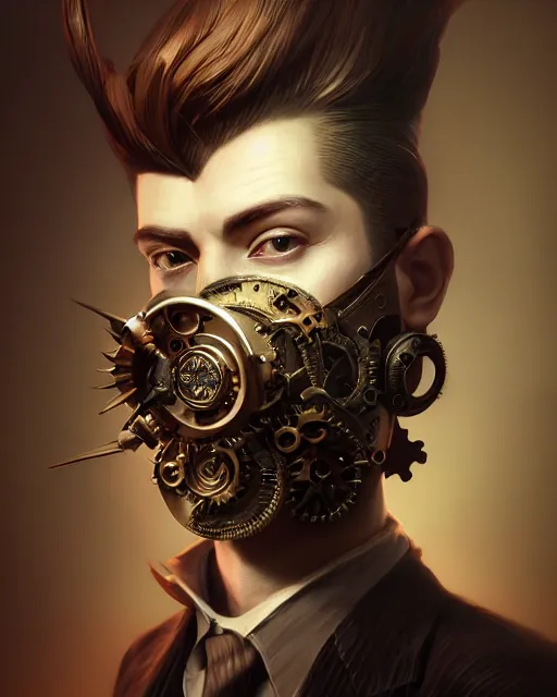 Prompt: male portrait, handsome, steampunk mask, detailed spike hair, intricate detective coat, complex 3 d render by ilya kuvshinov, peter mohrbacher, greg rutkowski, ryohei hase, dramatic lighting, intricate, highly detailed, sharp focus, luminous, unreal engine, blender, deviant art, artstation, masterpiece, ray tracing