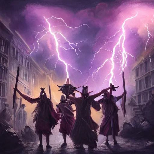 Image similar to A photo of a few sorcerers holding magic staffs and attacking people on the street with thunders, in the downtown, fire from sky, blue lightnings, dramatic purple thunders, golden meteors, war, dramatic shadows, powerful photo, magic, dramatic lighting, intricate, wild, highly detailed, digital painting, artstation, concept art, smooth, sharp focus, illustration, art by artgerm and greg rutkowski and alphonse mucha, footage