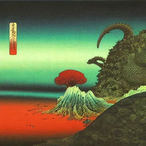 Image similar to alien landscape from another dimension, katsushika hokusai, beksinski, high details, colorful