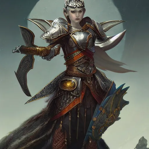 Prompt: a beautiful hyper realistic detailed epic concept art showing a noble knight women accompanied by the sacred spirit raccoon, by tom bagshaw, ross tran and bayard wu, in the style of dragon age, featured on artstation