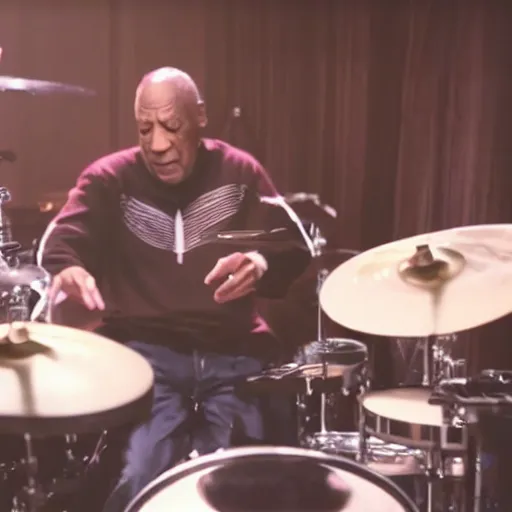 Prompt: Still of a bill cosby playing drums in the bring me to life music video by American rock band Evanescence dslr