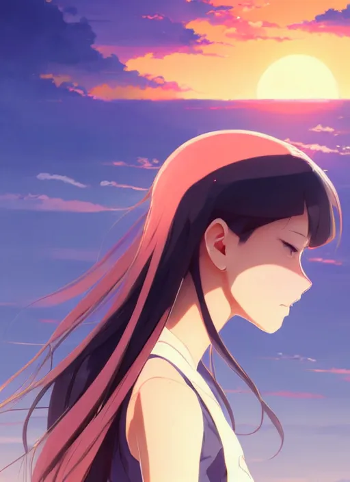 Prompt: side portrait of cute girl, sunset sky in background, beach landscape, illustration concept art anime key visual trending pixiv fanbox by wlop and greg rutkowski and makoto shinkai and studio ghibli and kyoto animation, futuristic wheelchair, symmetrical facial features, should eyes, future clothing, realistic anatomy, backlit, moegap yandere