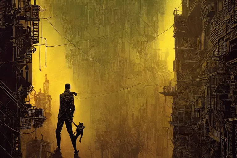 Image similar to A cat in the matrix, moody scene, highly detailed, intricate, sharp details, dystopian mood, by Victo ngai, David Rubín, Mike Mignola, Laurie Greasley, gaston bussiere, craig mullins, somber lighting, drawn by Giacomo Burattini, inspired by graphic novel cover art, 8k by RHADS