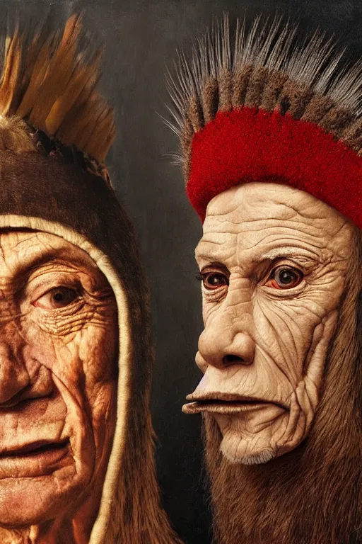 Image similar to hyperrealism close-up portrait of an ugly old man and lama in War bonnet in style of da Vinci