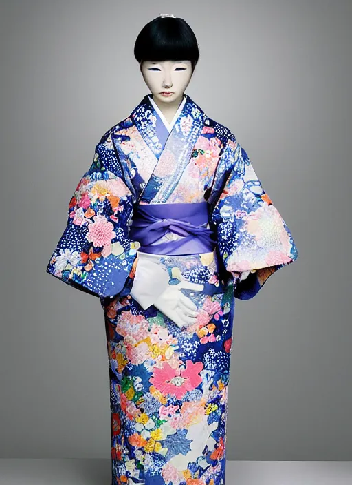 Image similar to a digital portrait of a japanese girl detailed features wearing a kimono latex suit wedding dress - synthetic materials, by balenciaga and issey miyake by ichiro tanida and mitsuo katsui