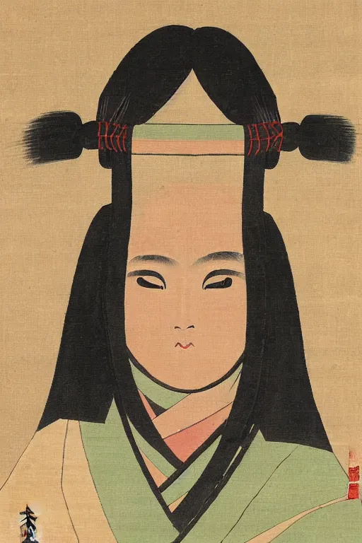 Image similar to native japanese woman with partially masked face, painted by wang neng jun