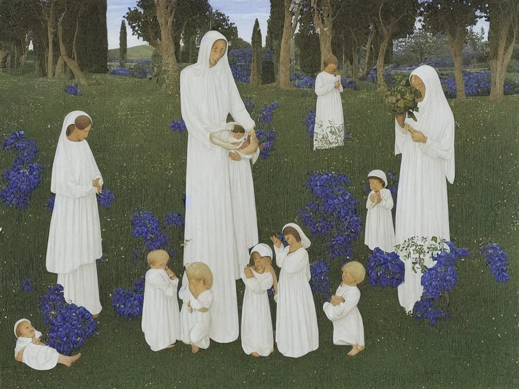 Image similar to Woman dressed in white with six babies. Iris flower in a vase, garden outside with Cypresses. Painting by Alex Colville, Fra Angelico.