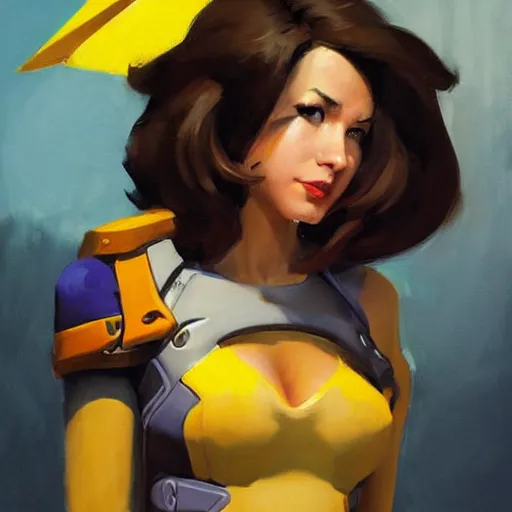 Image similar to greg manchess portrait painting of april o'neil as overwatch character, medium shot, asymmetrical, profile picture, organic painting, sunny day, matte painting, bold shapes, hard edges, street art, trending on artstation, by huang guangjian and gil elvgren and sachin teng