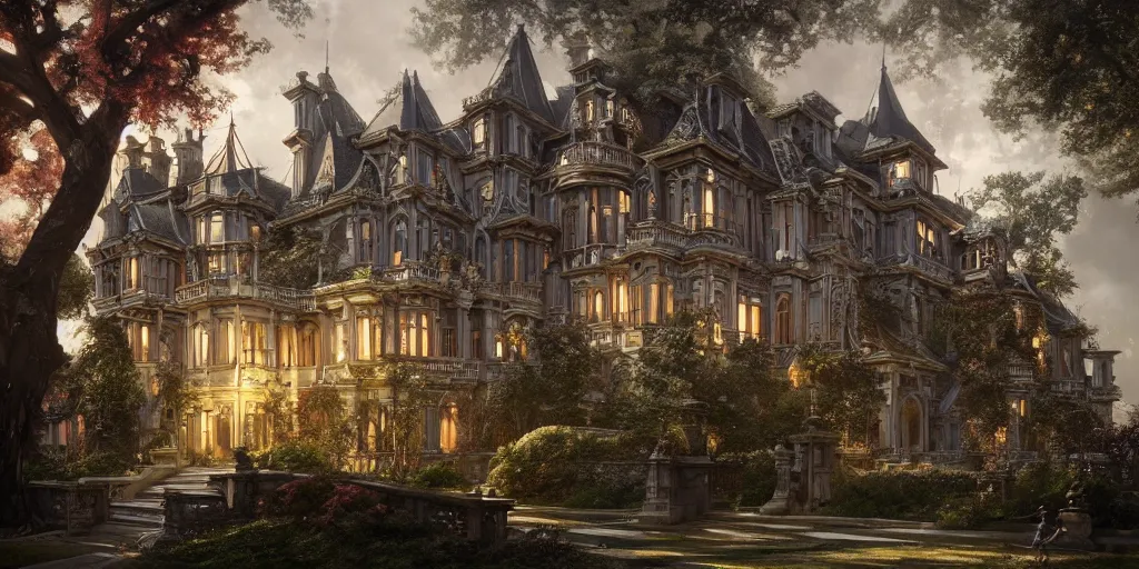 Image similar to a late Victorian mansion surrounded by beautiful gardens, view from ground level, intricate, elegant, highly detailed, ornate, beautifully lit, ray traced, octane render by Peter Mohrbacher and Peter Gric