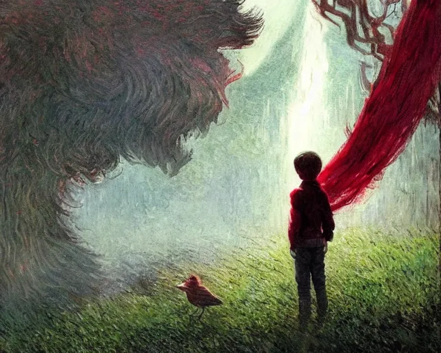 Image similar to a young boy with a red scarf, medium long brown hair, green eyes, is looking at a bird, ethereal, horror, fantasy art by greg rutkowski and magali villeneuve and claude monet