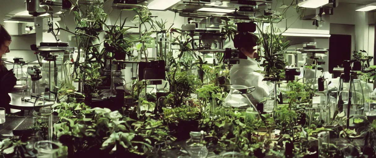Prompt: filmic movie still 4 k uhd 3 5 mm film color photograph of minimal biology lab full of plants