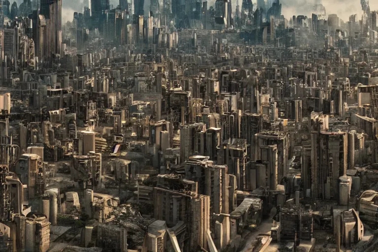 Prompt: sprawling cramped dystopian cityscape in a quentin tarantino movie, 4 k arri alfa anamorphic lens 3 5 mm film wide shot still