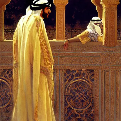 Image similar to attractive arab king confesses his love for his attractive male prince, in balcony of palace, above river. highly detailed painting by gaston bussiere, craig mullins, j. c. leyendecker