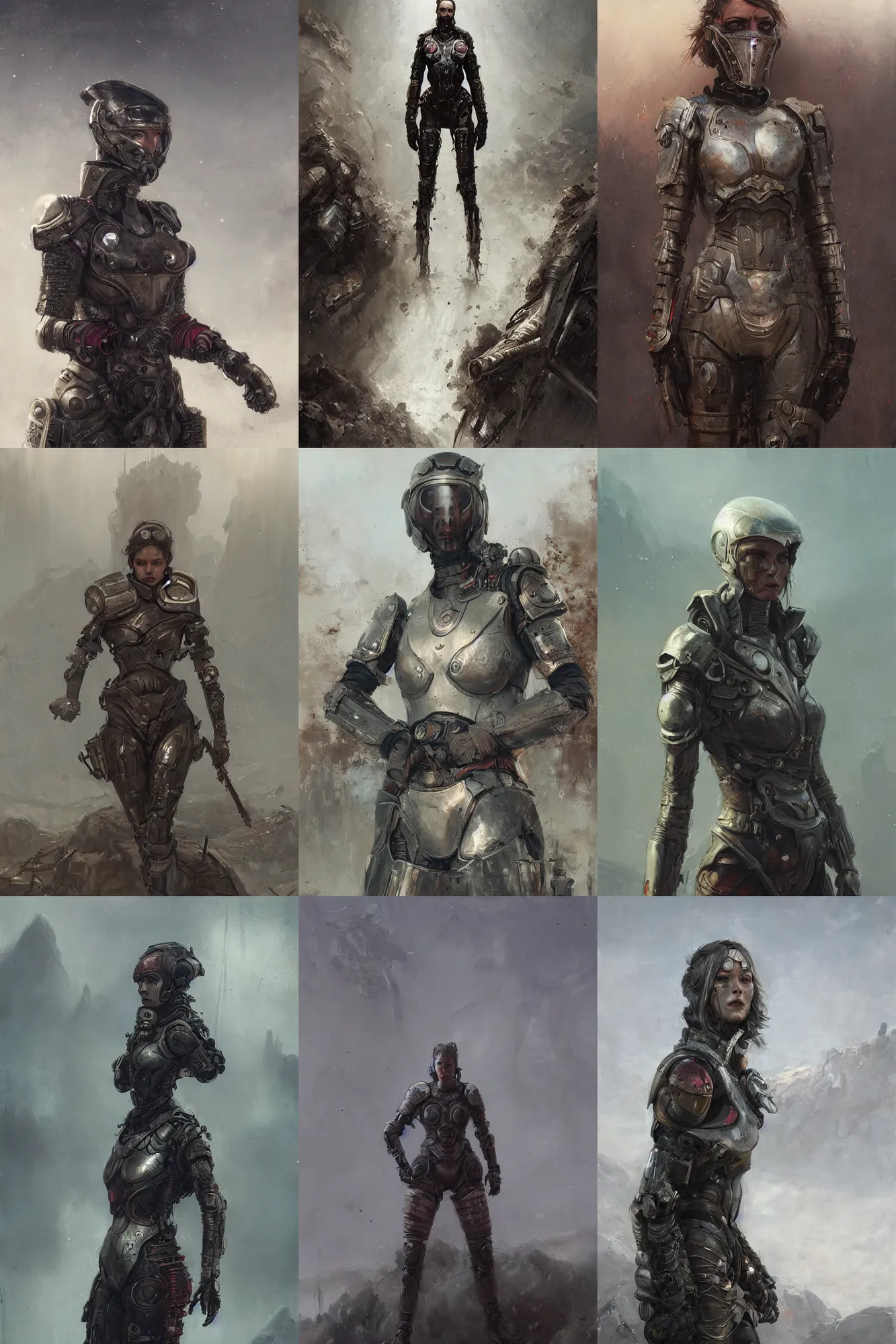 Prompt: a portrait of a woman in a post apocalyptic landscape in futuristic armour by eve ventrue