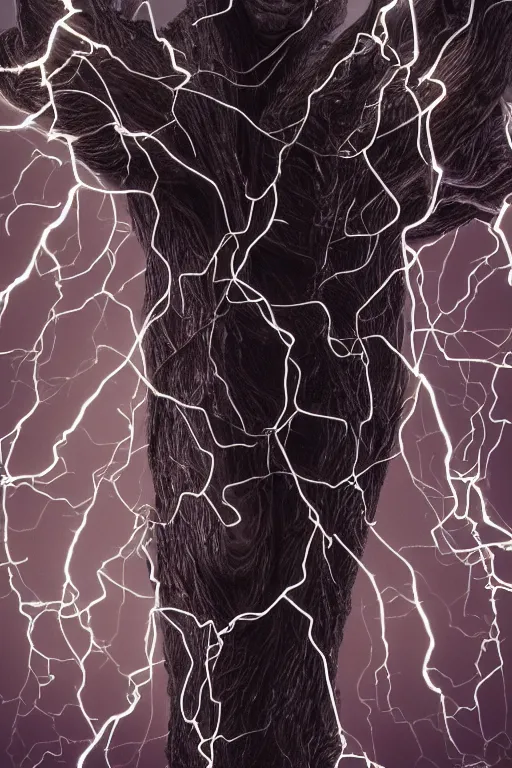 Prompt: high resolution photo of a humanlike creature bundled in electronic wires, overgrown, sparks, electricity, sun beams, rocks, devices, slime, tree roots, veins, lightning, big muscles, sweat, slime, troll, grown together, god rays, dark, skin, plastic wrap,