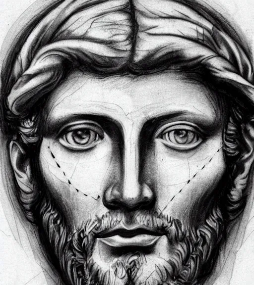 Image similar to tattoo design sketch of the head of michelangelo's david broken in the middle, in the style of den yakovlev, realistic face, black and white, realism tattoo, hyper realistic, highly detailed