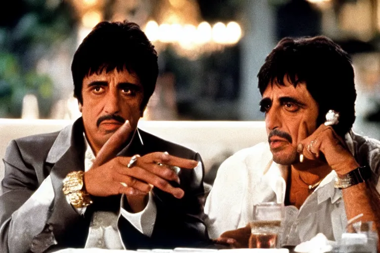 Image similar to tony montana from movie scarface 1 9 8 3 sitting behind a big black oak table with big large packages of flour. long shot. al pacino. perfect symmetric face, coherent eyes, fine details, 4 k, ron cobb, cinestill. last scene from scarface movie