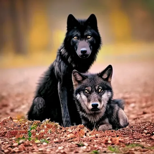 Prompt: large black wolf with tiny cute black wolf puppy